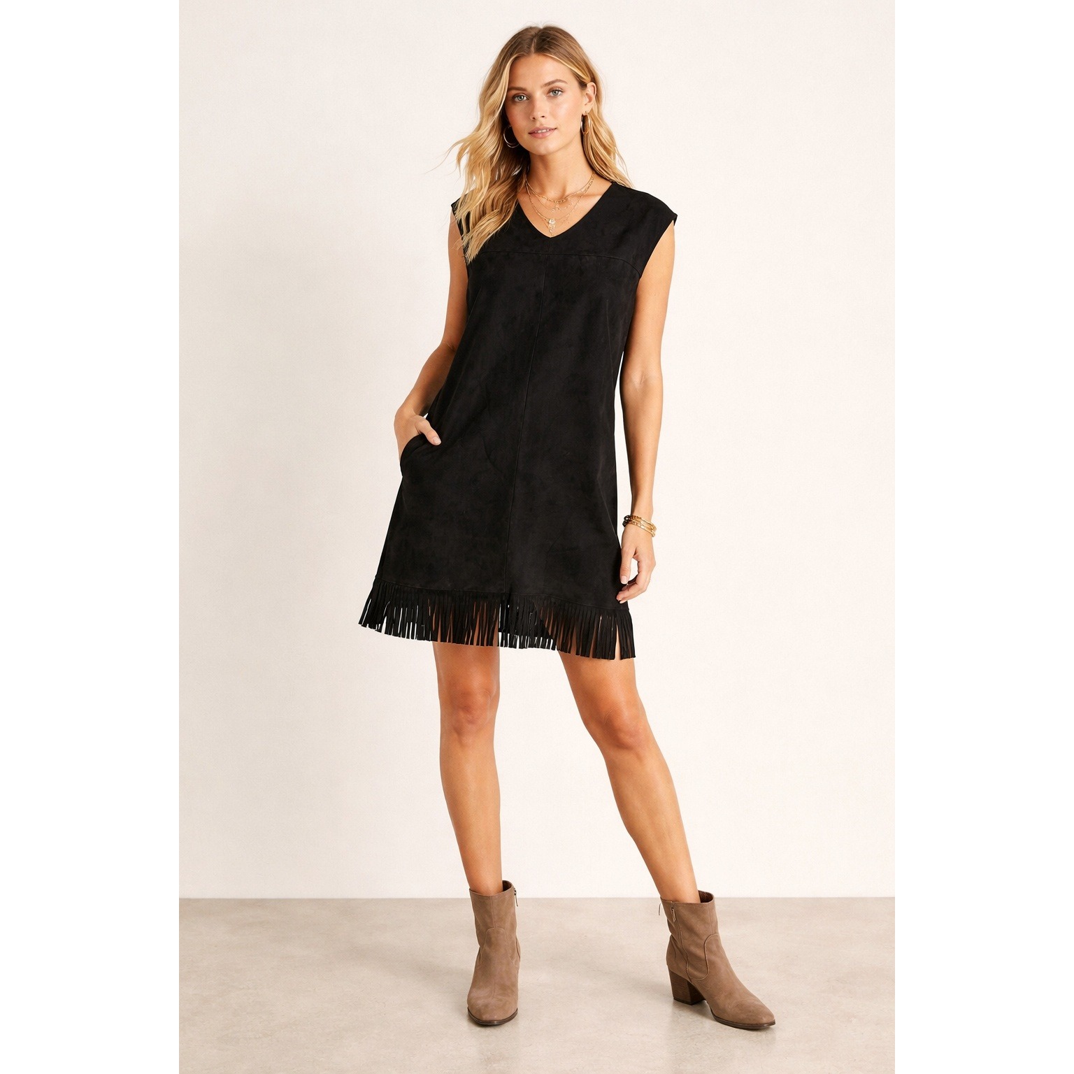 Chico's Black Suede Fringe Hem Shift Dress Sleeveless Boho Size 2